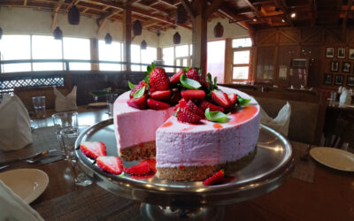 Strawberry yoghurt cheese cake with double crumb 